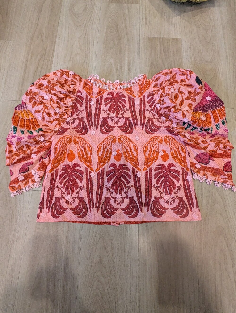 Farm Rio Pink And Red Parrot Blouse Size S
